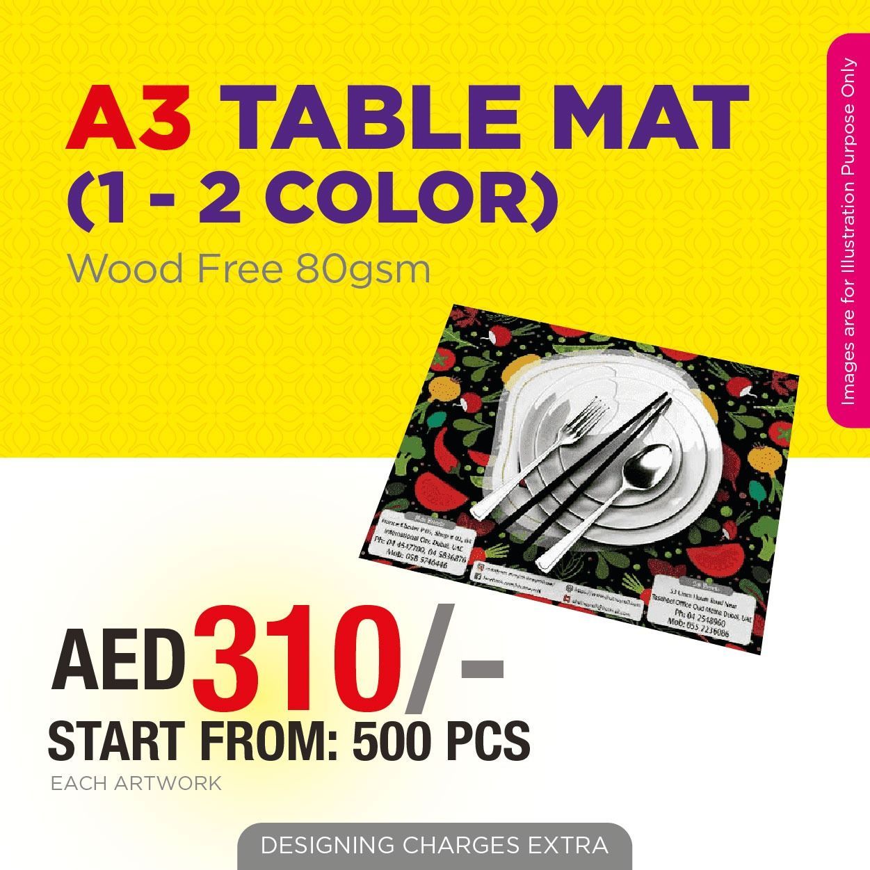 A3 Table Mat Printing UAE | 1-2 Color Paper Placemats on 80gsm Paper